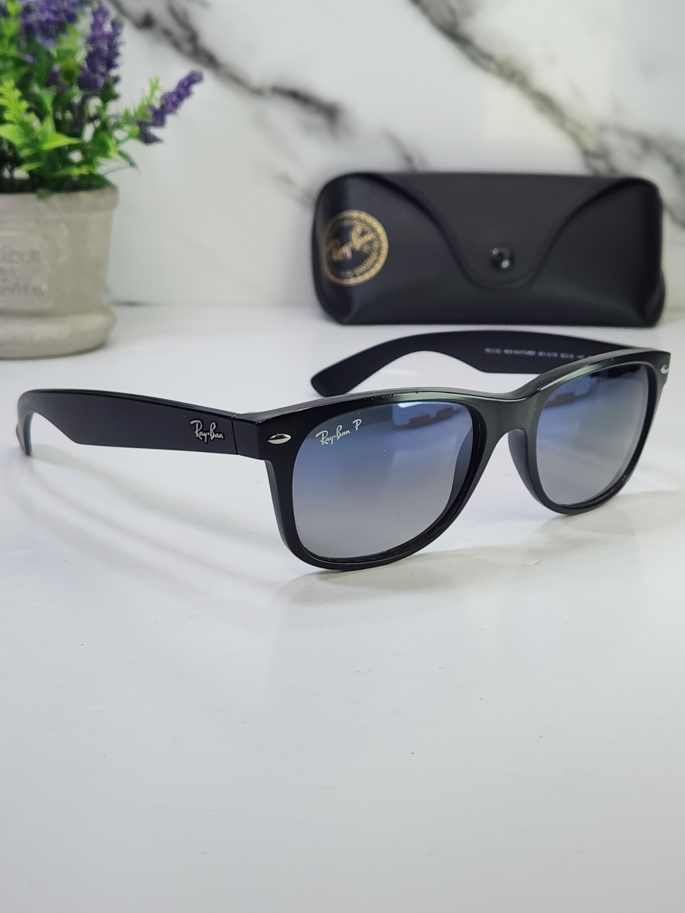 Ray-Ban New Wayfarer Polarized Sunglasses in Black with Gradient Blue Lenses
